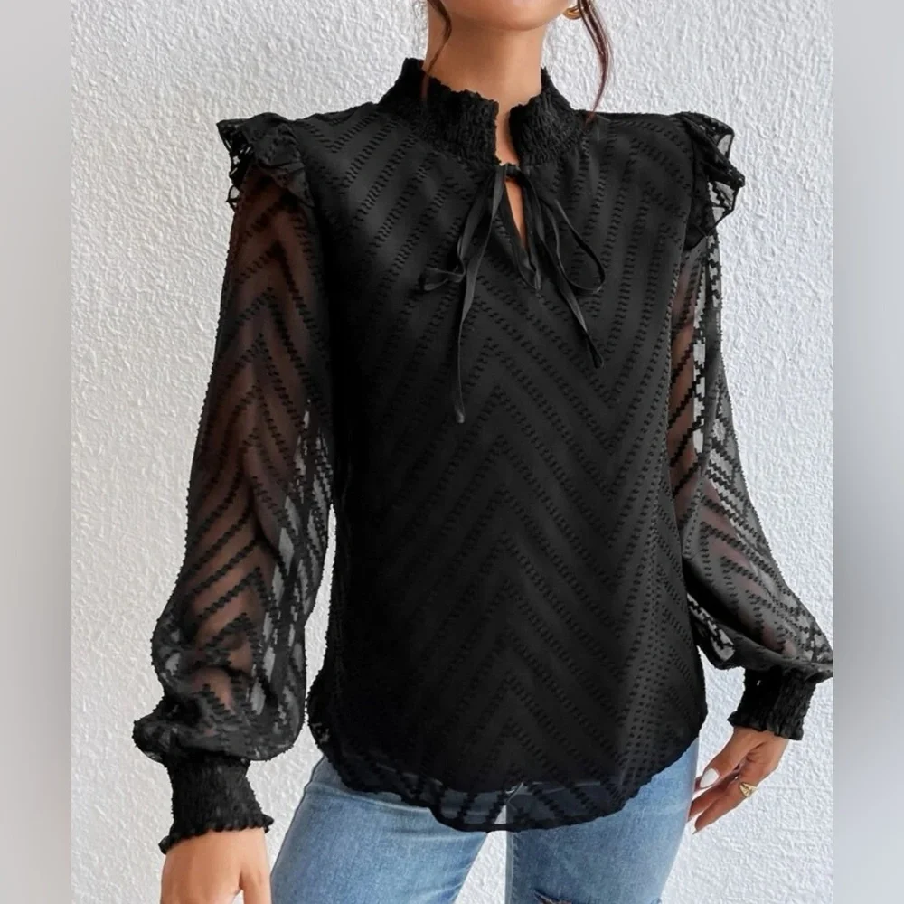 🔥BNWOT Tie Neck Ruffle Trim Lantern Sleeve Blouse! - Picture 2 of 8